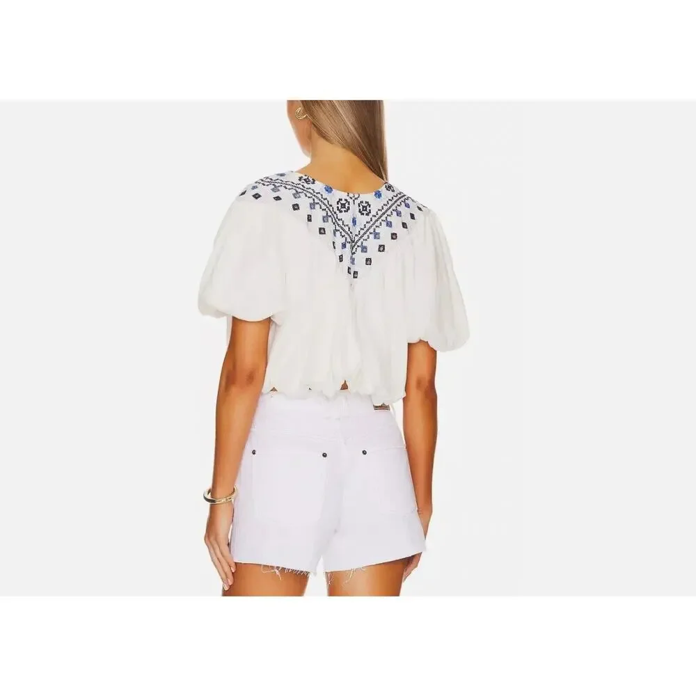 FREE PEOPLE Joni Top L Boho Embroidered Shirred Puff Sleeve Cropped White Blue
